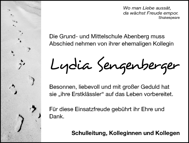  Traueranzeige für Lydia Sengenberger vom 24.08.2017 aus Schwabach