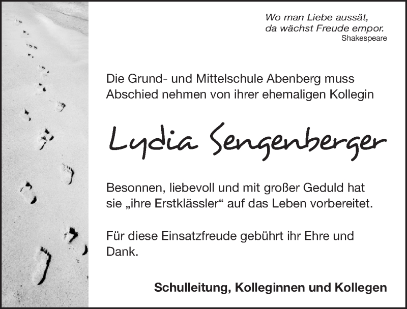  Traueranzeige für Lydia Sengenberger vom 24.08.2017 aus Roth-Hilpoltsteiner Volkszeitung Lokal