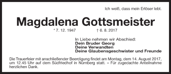 Traueranzeige von Magdalena Gottsmeister von Gesamtausgabe Nürnberger Nachrichten/ Nürnberger Ztg.