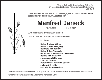 Traueranzeige von Manfred Janeck von Gesamtausgabe Nürnberger Nachrichten/ Nürnberger Ztg.
