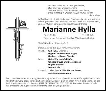 Traueranzeige von Marianne Hylla von Schwabach