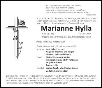 Traueranzeige von Marianne Hylla von Gesamtausgabe Nürnberger Nachrichten/ Nürnberger Ztg.