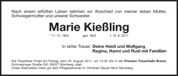 Traueranzeige von Marie Kießling von Gesamtausgabe Nürnberger Nachrichten/ Nürnberger Ztg.