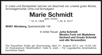Traueranzeige von Marie Schmidt von Gesamtausgabe Nürnberger Nachrichten/ Nürnberger Ztg.