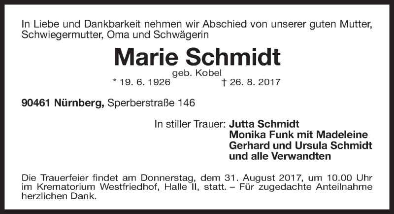  Traueranzeige für Marie Schmidt vom 29.08.2017 aus Gesamtausgabe Nürnberger Nachrichten/ Nürnberger Ztg.