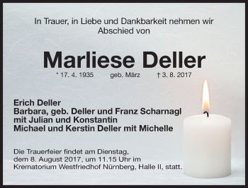 Traueranzeige von Marliese Deller von Gesamtausgabe Nürnberger Nachrichten/ Nürnberger Ztg.