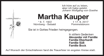 Traueranzeige von Martha Kauper von Gesamtausgabe Nürnberger Nachrichten/ Nürnberger Ztg.