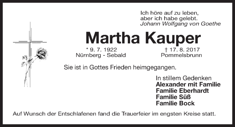  Traueranzeige für Martha Kauper vom 26.08.2017 aus Gesamtausgabe Nürnberger Nachrichten/ Nürnberger Ztg.