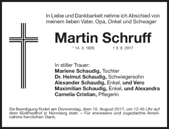 Traueranzeige von Martin Schruff von Gesamtausgabe Nürnberger Nachrichten/ Nürnberger Ztg.