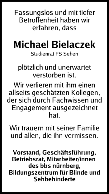 Traueranzeige von Michael Bielaczek von Gesamtausgabe Nürnberger Nachrichten/ Nürnberger Ztg.