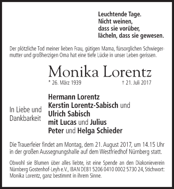 Traueranzeige von Monika Lorentz von Gesamtausgabe Nürnberger Nachrichten/ Nürnberger Ztg.