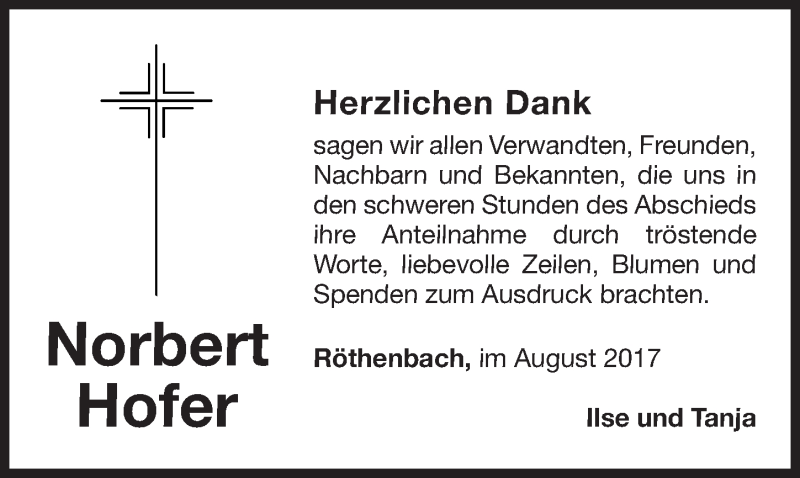  Traueranzeige für Norbert Hofer vom 12.08.2017 aus Gesamtausgabe Nürnberger Nachrichten/ Nürnberger Ztg.