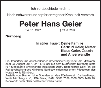 Traueranzeige von Peter Hans Geier von Gesamtausgabe Nürnberger Nachrichten/ Nürnberger Ztg.