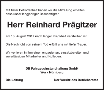 Traueranzeige von Reinhard Prägitzer von Erlanger Nachrichten Lokal
