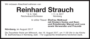 Traueranzeige von Reinhard Strauch von Gesamtausgabe Nürnberger Nachrichten/ Nürnberger Ztg.