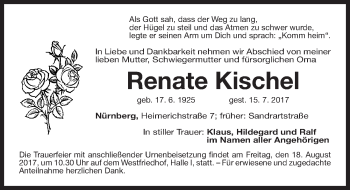 Traueranzeige von Renate Kischel von Gesamtausgabe Nürnberger Nachrichten/ Nürnberger Ztg.