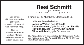 Traueranzeige von Resi Schmitt von Gesamtausgabe Nürnberger Nachrichten/ Nürnberger Ztg.
