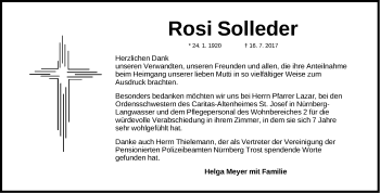 Traueranzeige von Rosi Solleder von Gesamtausgabe Nürnberger Nachrichten/ Nürnberger Ztg.