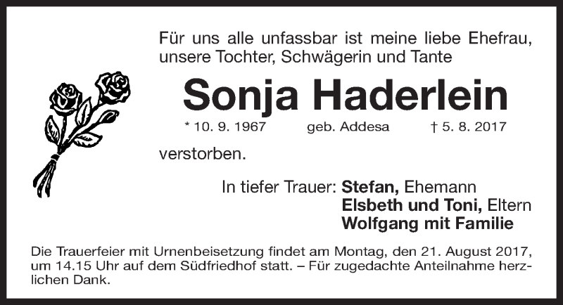  Traueranzeige für Sonja Haderlein vom 19.08.2017 aus Gesamtausgabe Nürnberger Nachrichten/ Nürnberger Ztg.