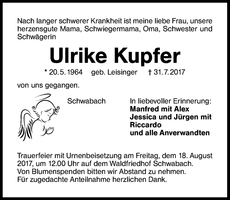  Traueranzeige für Ulrike Kupfer vom 16.08.2017 aus Schwabach