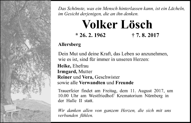  Traueranzeige für Volker Lösch vom 09.08.2017 aus Roth-Hilpoltsteiner Volkszeitung Lokal