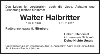 Traueranzeige von Walter Halbritter von Gesamtausgabe Nürnberger Nachrichten/ Nürnberger Ztg.