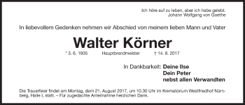 Traueranzeige von Walter Körner von Gesamtausgabe Nürnberger Nachrichten/ Nürnberger Ztg.