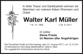 Traueranzeige von Walter Karl Müller von Gesamtausgabe Nürnberger Nachrichten/ Nürnberger Ztg.
