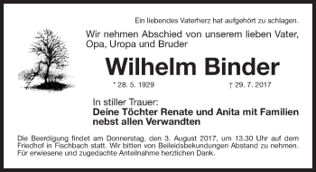 Traueranzeige von Wilhelm Binder von Gesamtausgabe Nürnberger Nachrichten/ Nürnberger Ztg.