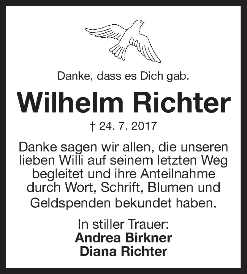  Traueranzeige für Wilhelm Richter vom 19.08.2017 aus Gesamtausgabe Nürnberger Nachrichten/ Nürnberger Ztg.