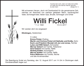 Traueranzeige von Willi Fickel von Altmühl-Bote Lokal