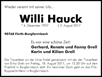 Traueranzeige von Willi Hauck von Fürther Nachrichten Lokal