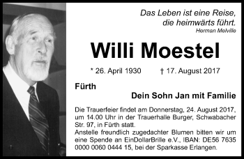 Traueranzeige von Willi Moestel von Gesamtausgabe Nürnberger Nachrichten/ Nürnberger Ztg.