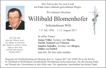 Traueranzeige von Willibald Blomenhofer von Neumarkter Nachrichten Lokal