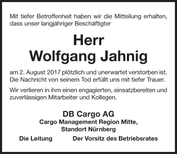 Traueranzeige von Wolfgang Jahnig von Gesamtausgabe Nürnberger Nachrichten/ Nürnberger Ztg.