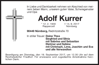 Traueranzeige von Adolf Kurrer von Gesamtausgabe Nürnberger Nachrichten/ Nürnberger Ztg.