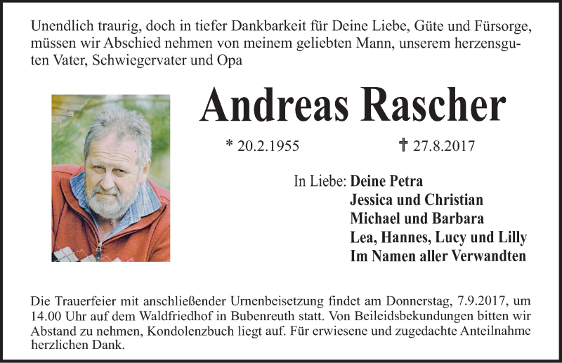  Traueranzeige für Andreas Rascher vom 05.09.2017 aus Erlanger Nachrichten Lokal