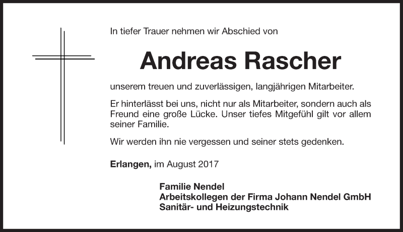  Traueranzeige für Andreas Rascher vom 05.09.2017 aus Erlanger Nachrichten Lokal