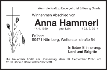Traueranzeige von Anna Hammerl von Gesamtausgabe Nürnberger Nachrichten/ Nürnberger Ztg.
