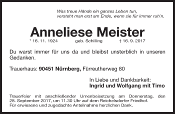 Traueranzeige von Anneliese Meister von Gesamtausgabe Nürnberger Nachrichten/ Nürnberger Ztg.