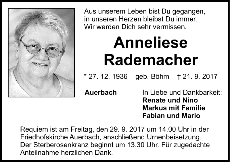  Traueranzeige für Anneliese Rademacher vom 23.09.2017 aus Nordbayerische Nachrichten Pegnitz Lokal