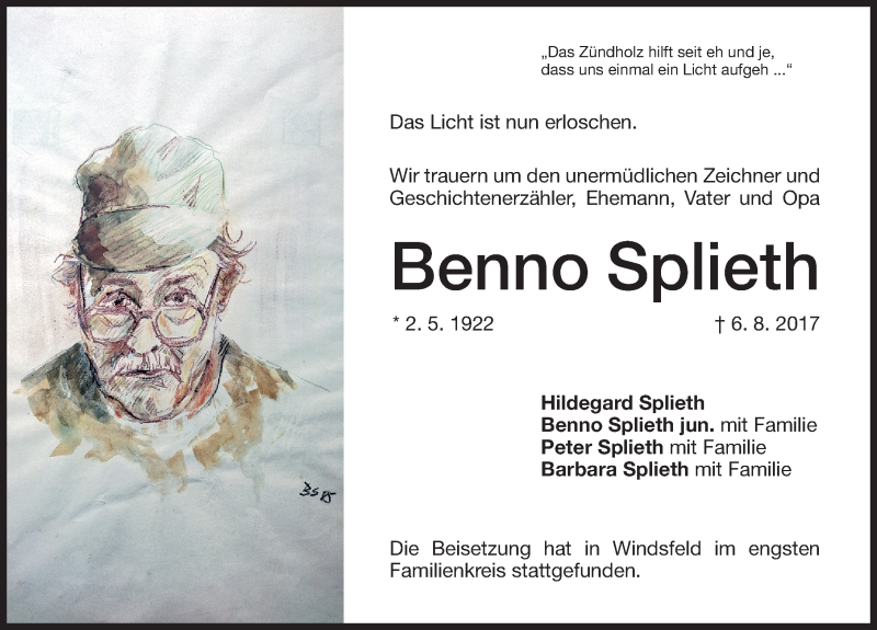  Traueranzeige für Benno Splieth vom 04.09.2017 aus Altmühl-Bote Lokal