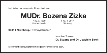 Traueranzeige von Bozena Zizka von Gesamtausgabe Nürnberger Nachrichten/ Nürnberger Ztg.