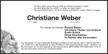 Traueranzeige von Christiane Weber von Gesamtausgabe Nürnberger Nachrichten/ Nürnberger Ztg.