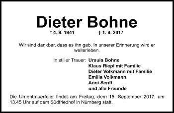 Traueranzeige von Dieter Bohne von Gesamtausgabe Nürnberger Nachrichten/ Nürnberger Ztg.
