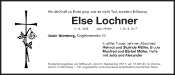 Traueranzeige von Else Lochner von Gesamtausgabe Nürnberger Nachrichten/ Nürnberger Ztg.