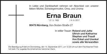 Traueranzeige von Erna Braun von Gesamtausgabe Nürnberger Nachrichten/ Nürnberger Ztg.