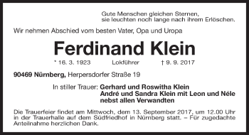Traueranzeige von Ferdinand Klein von Gesamtausgabe Nürnberger Nachrichten/ Nürnberger Ztg.