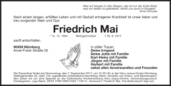 Traueranzeige von Friedrich Mai von Gesamtausgabe Nürnberger Nachrichten/ Nürnberger Ztg.