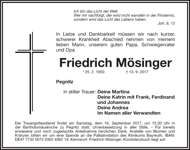  Traueranzeige für Friedrich Mösinger vom 15.09.2017 aus Nordbayerische Nachrichten Pegnitz Lokal